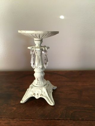 Wrought Iron Pillar Candle Holder Pedestal Shabby Chic Antiqued Dangling Crystal