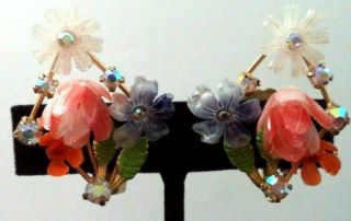 Rare Vintage Signed Austria Ab Rhinestone Flower 1.  5 " Clip Earrings G865l
