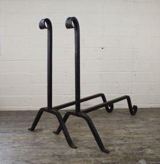 Large Antique Curved Wrought Iron Andiron Fire Dogs.