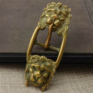Old Antique Victorian Solid Brass Belt Buckle Lion Heads Costume Jewellery