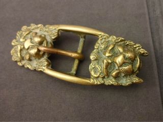 Old Antique Victorian Solid Brass Belt Buckle Lion Heads Costume Jewellery 3