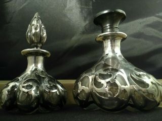 2 Antique Alvin.  999 Fine Silver Overlay Glass Perfume 2.  5 " & 4.  5 " Lobed Bottle