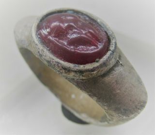 Ancient Greek Ar Silver Seal Ring With Carnelian Mesembria Intaglio Stone