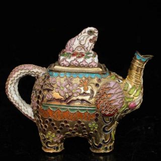 Collectable Handwork Decor Cloisonne Carve Auspicious Elephant Old Tibet Tea Pot