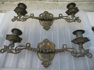 Antique Edwardian Pair Twin Brass Candle Holders Sconce Wall Mounted,  Adjustable