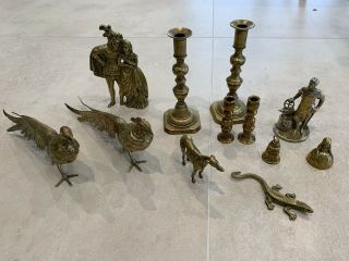 Antique Solid Brass Figures And Candlestick Holders