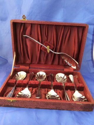 Vintage Set Of 6 Silver Plated Spoons With Serving Spoon In Presentation Case