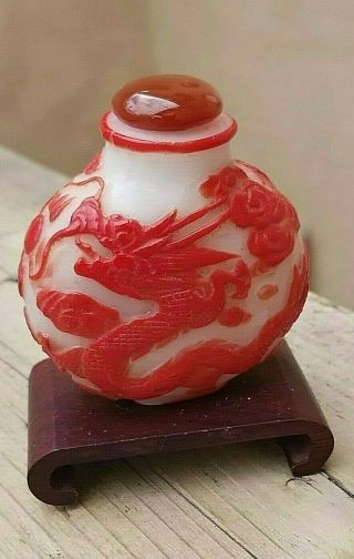 Antique Chinese Snuff Bottle Peking Glass Carved Dragon W/ Carnelian Stone Top