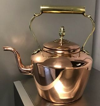 Stunning Antique Copper Teapot Kettle 5 Pint Watertight Brass Handle / Finial