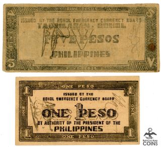 Ww Ii Philippine Guerilla Currency Vf - Vg Notes 1 & 5 Pesos (rare)