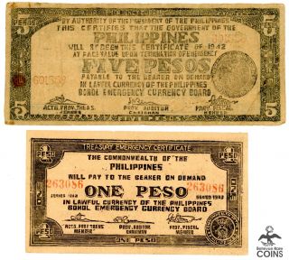 WW II Philippine Guerilla Currency VF - VG Notes 1 & 5 Pesos (Rare) 2