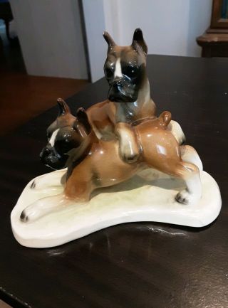Vintage Rare Boxer Puppies Playing Figurine Statue - West German Porcelain