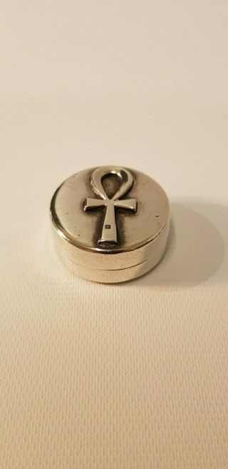 Vintage Egyptian Solid Silver Pill Box / Snuff Box Ankh Symbol To Lid