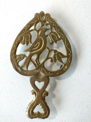 Antique Decorative Solid Small Brass Sad Iron Trivet Stand Ornate Bird On Branch