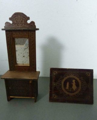 Antique Waltershausen Dolls House Hall Mirror Stand And Table German
