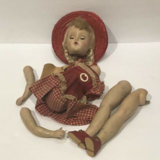 Vintage 14 " 1950s Arranbee (r&b) Hard Plastic Doll,  Blond Hair Red Dress Hat,