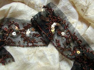 Delicate Antique French Tiniest Copper Glass Bead Gold Sequined Lace Tulle Trim