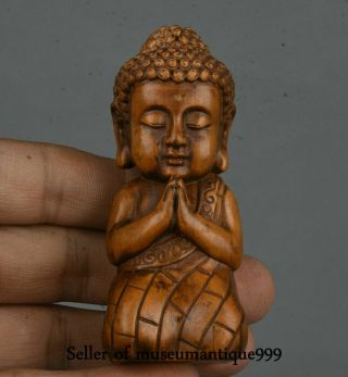 8cm Rare Old Chinese Boxwood Wood Sakyamuni Amitabha Buddha Statue Sculpture
