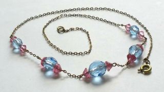 Czech Antique Art Deco Blue And Pink Glass Bead Necklace On A Wire