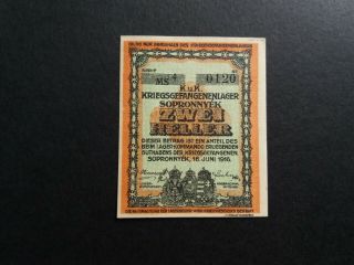 Rare Pow Camp Banknote Austria / Hungary SopronnyÉk 2 Heller / Fillér 1916 Unc.