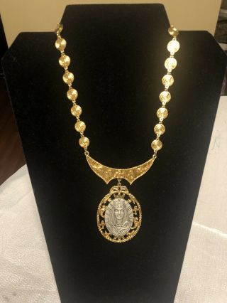 Signed Art Vintage Egyptian Revival Pendant Necklace Gold Large Rare Scarab