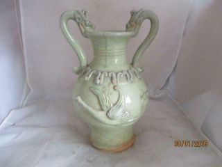 18th Century Chinese Dragon Decorated Celadon Glaze Twin Handled Vase