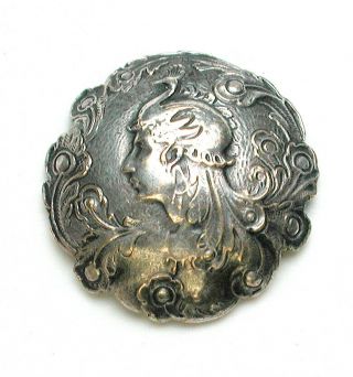 Antique Sterling Button Art Nouveau Woman W/ Peacock Helmet & Feathers - 11/16 "