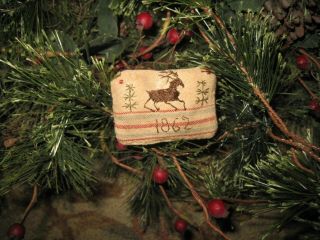 Primitive Tiny Sampler Pillow Reindeer Pine Trees Early Quilt Folk Art X - Mas