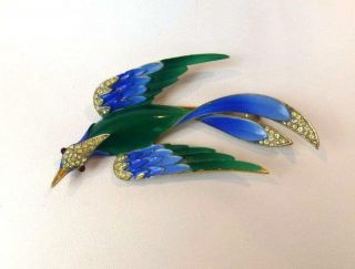 Vintage Crown Trifari Enamel & Rhinestone Bird In Flight Brooch - Rare