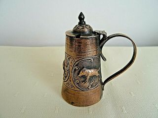 Vintage Small Copper Metal Decorated Wild Boards Hinged Handle Mustard Pot