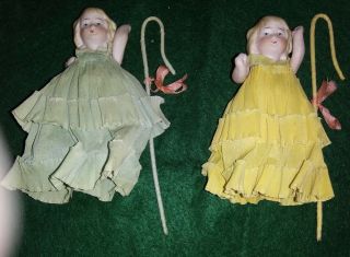2 Tiny 3 1/2 " Miniature Jointed Bisque Bridesmaids Dolls