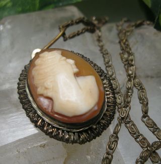 Antique Victorian Carved Shell Cameo Pendant Necklace On Chain