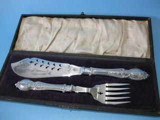 Large Antique Hand - Engraved Silver Plated Fish Cutlery Serving Set
