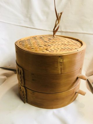 Vintage Bamboo Steamer Basket 2 Dim Sum Baskets With Lid Bun