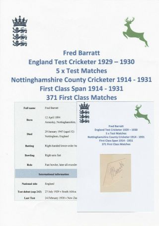 Fred Barratt England Test Cricketer 1929 - 1930 Very Rare Autograph