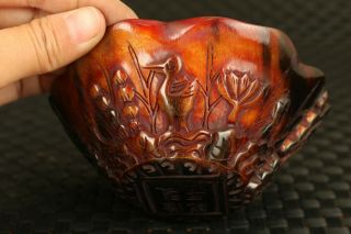 Chinese Old Yak Horn Hand Carving Lotus Crane Wine Cup Bowl Statue Table Deco