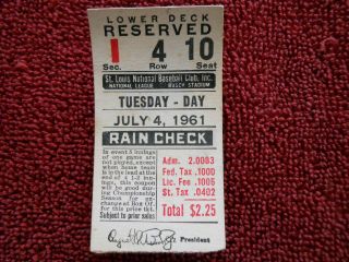 July 4,  1961 - St Louis Cardinals Vs Phillies Ticket Stub - Vintage And Rare