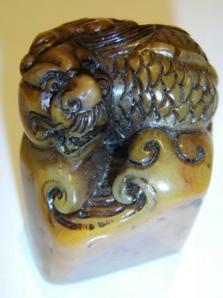 Chinese Cavred Soapstone Antique Seal With Dragon Type Creature Mythical