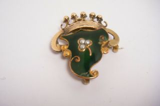 Ant.  Rare Vict.  10k Gold Green Enamel & Pearls Brooch Watch Pin & Pendant Crown