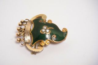 ANT.  RARE VICT.  10K GOLD GREEN ENAMEL & PEARLS BROOCH WATCH PIN & PENDANT CROWN 2