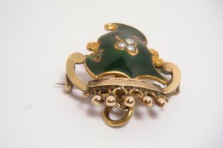 ANT.  RARE VICT.  10K GOLD GREEN ENAMEL & PEARLS BROOCH WATCH PIN & PENDANT CROWN 3