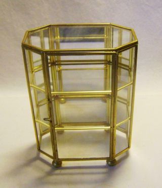 Brass & Glass Octagonal Small Curio Cabinet Mirror Back One Door 17.  5 Cm High