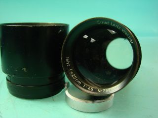 Vtg Antique Ernst Leitz Wetzlar Camera Lens With Hood,  Cap 1:4,  5 F=20cm German
