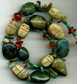 Beads Egypt Vintage Egyptian Scarab Beads Ceramic Glyphs Amber Turquoise 17 "