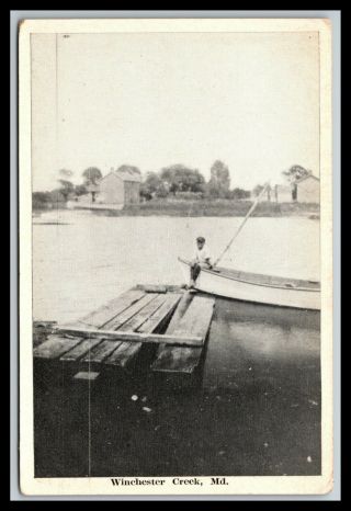 Rare Winchester Creek Md Man On Small Boat Chesapeake Bay Kent Narrows Postcard