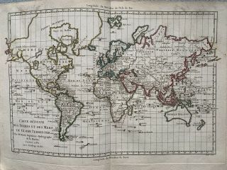 1782 World Chart Hand Coloured Map By Rigobert Bonne Over 235 Years Old