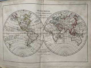 1781 World Hemispheres Hand Coloured Map By Rigobert Bonne Over 235 Years Old