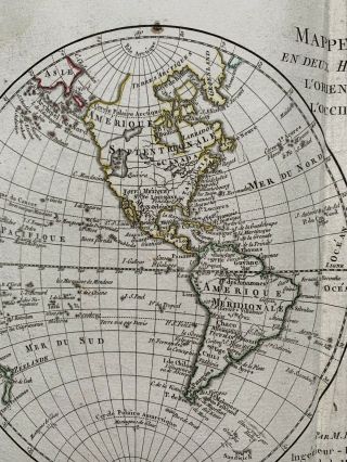 1781 WORLD HEMISPHERES HAND COLOURED MAP BY RIGOBERT BONNE OVER 235 YEARS OLD 3