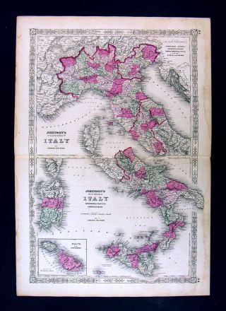 1864 Johnson Map - Italy Malta Sicily Rome Venice Florence Naples Milan Sardinia