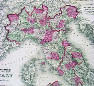 1864 Johnson Map - Italy Malta Sicily Rome Venice Florence Naples Milan Sardinia 2